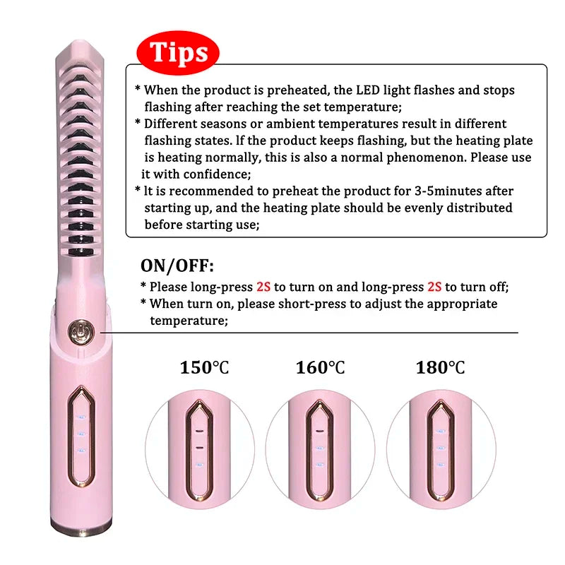 Portable Wireless Electric Hair Brush Heating Hair Straightener  2 IN 1 Home Travel Womem Anti-scalding Hair Straight Curly Comb